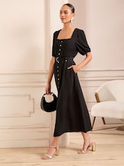 Love & Roses Black Square Neck Short Sleeve Belted Button Through Mid Dress - Image 1 of 4