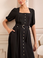 Love & Roses Black Square Neck Short Sleeve Belted Button Through Mid Dress - Image 2 of 4