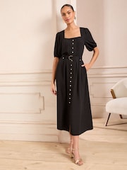 Love & Roses Black Square Neck Short Sleeve Belted Button Through Mid Dress - Image 3 of 4