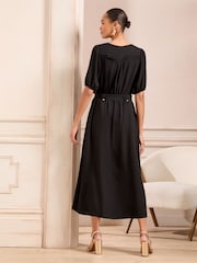 Love & Roses Black Square Neck Short Sleeve Belted Button Through Mid Dress - Image 4 of 4