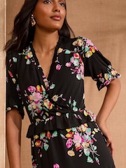 Love & Roses Black Floral Jersey Peplum Ruffle Short Sleeve Midi Dress - Image 2 of 5