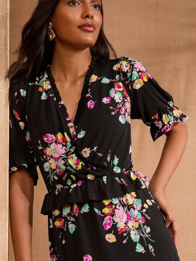 Love & Roses Black Floral Jersey Peplum Ruffle Short Sleeve Midi Dress - Image 2 of 5