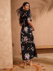 Love & Roses Black Floral Jersey Peplum Ruffle Short Sleeve Midi Dress - Image 3 of 5