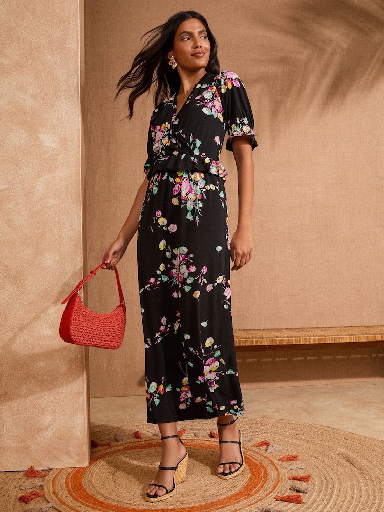 Love & Roses Black Floral Jersey Peplum Ruffle Short Sleeve Midi Dress - Image 5 of 5