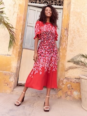 Love & Roses Red Animal Petite Crew Neck Ruffle Sleeve Midi Dress - Image 1 of 4