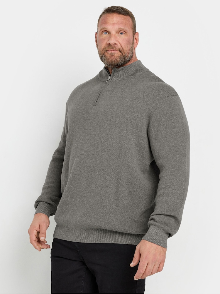 BadRhino Big & Tall Grey Milano Quarter Zip 100% Cotton Jumper - Image 1 of 3