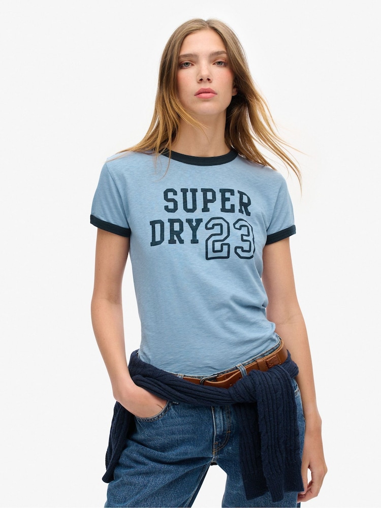 Superdry Blue Athletic Essentials Ringer 100% Cotton Fitted T-Shirt - Image 1 of 4