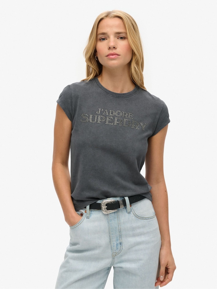 Superdry Grey Sport Luxe Graphic Cap Sleeved T-Shirt - Image 1 of 3