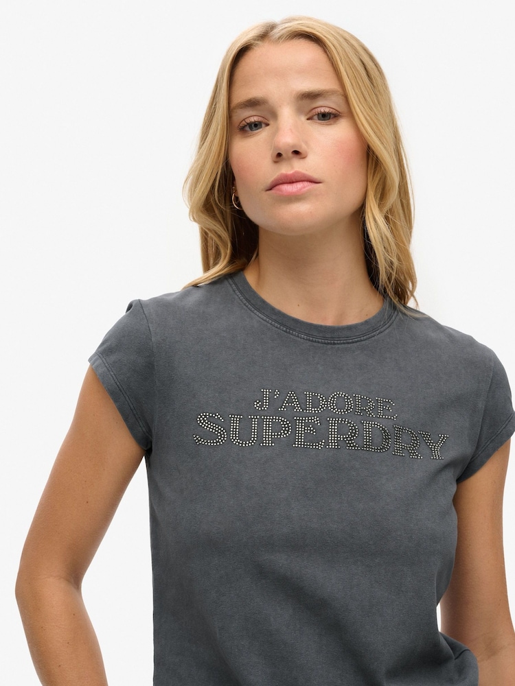 Superdry Grey Sport Luxe Graphic Cap Sleeved T-Shirt - Image 2 of 3