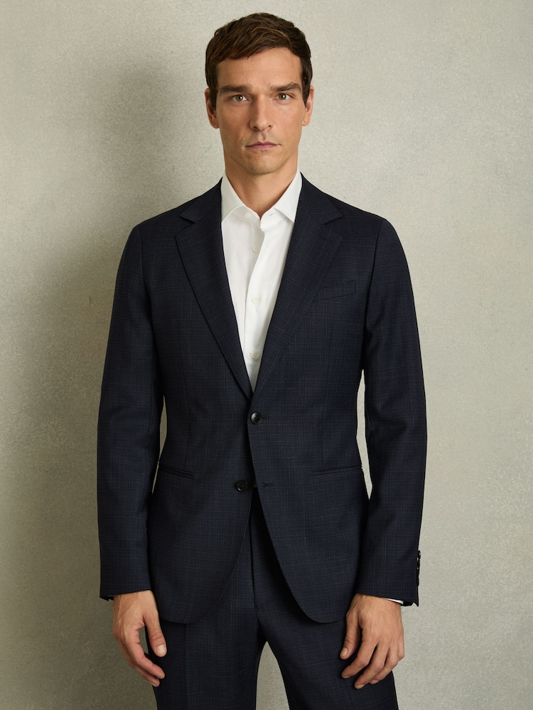 Reiss Navy Hatch Slim-Fit Single-Breasted Textured Wool-Blend Suit Blazer - Image 1 of 9