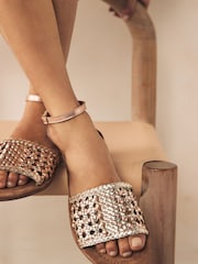 Rose Gold Pink Leather Extra Wide Fit Forever Comfort® Woven Flat Sandals - Image 3 of 7