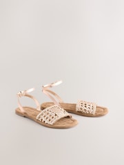 Rose Gold Pink Leather Extra Wide Fit Forever Comfort® Woven Flat Sandals - Image 4 of 7
