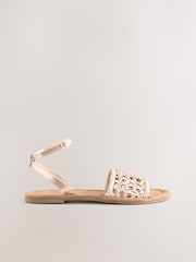 Rose Gold Pink Leather Extra Wide Fit Forever Comfort® Woven Flat Sandals - Image 5 of 7