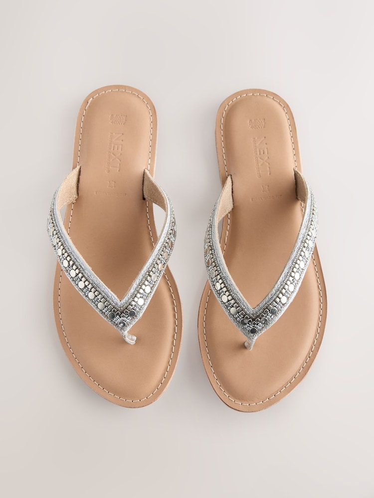 Silver Metallic Extra Wide Fit Forever Comfort® Beaded Toe Thong Sandals - Image 1 of 5