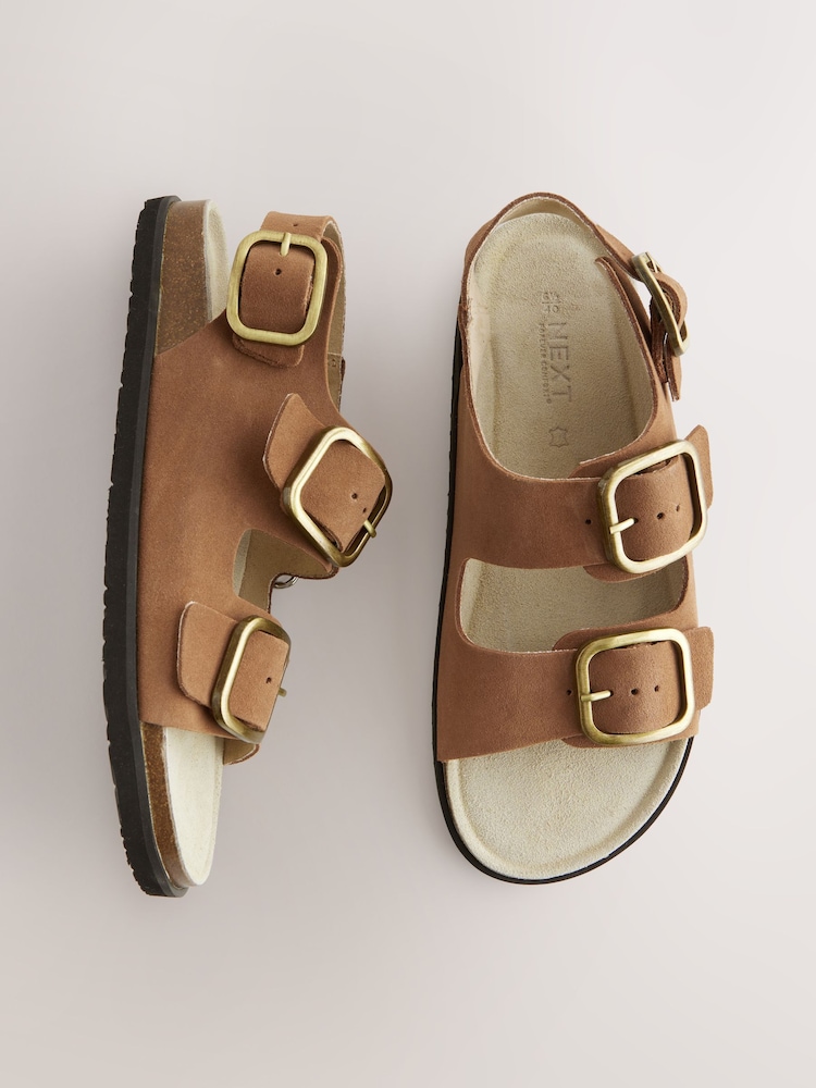 Tan Brown Leather Extra Wide Fit Forever Comfort® Back Strap Footbed Sandals - Image 1 of 6