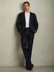 Reiss Navy Hatch Slim-Fit Wool-Blend Textured Tailored Trousers - Image 1 of 7