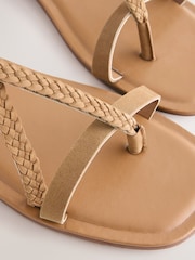 Tan Brown Leather Extra Wide Fit Plait Strappy Toe Thong - Image 7 of 9