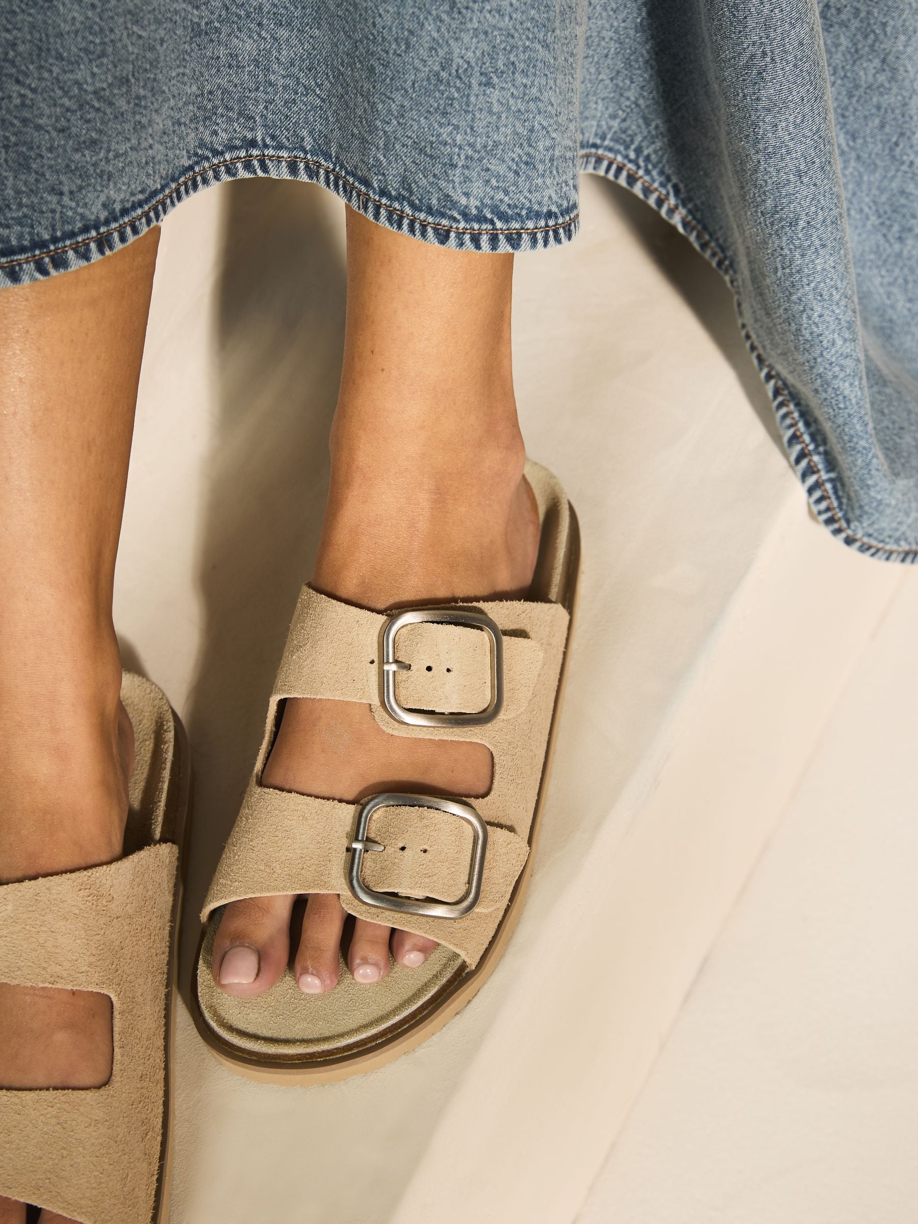 Buy Neutral Suede Extra Wide Fit Double Strap Footbed Sandals from