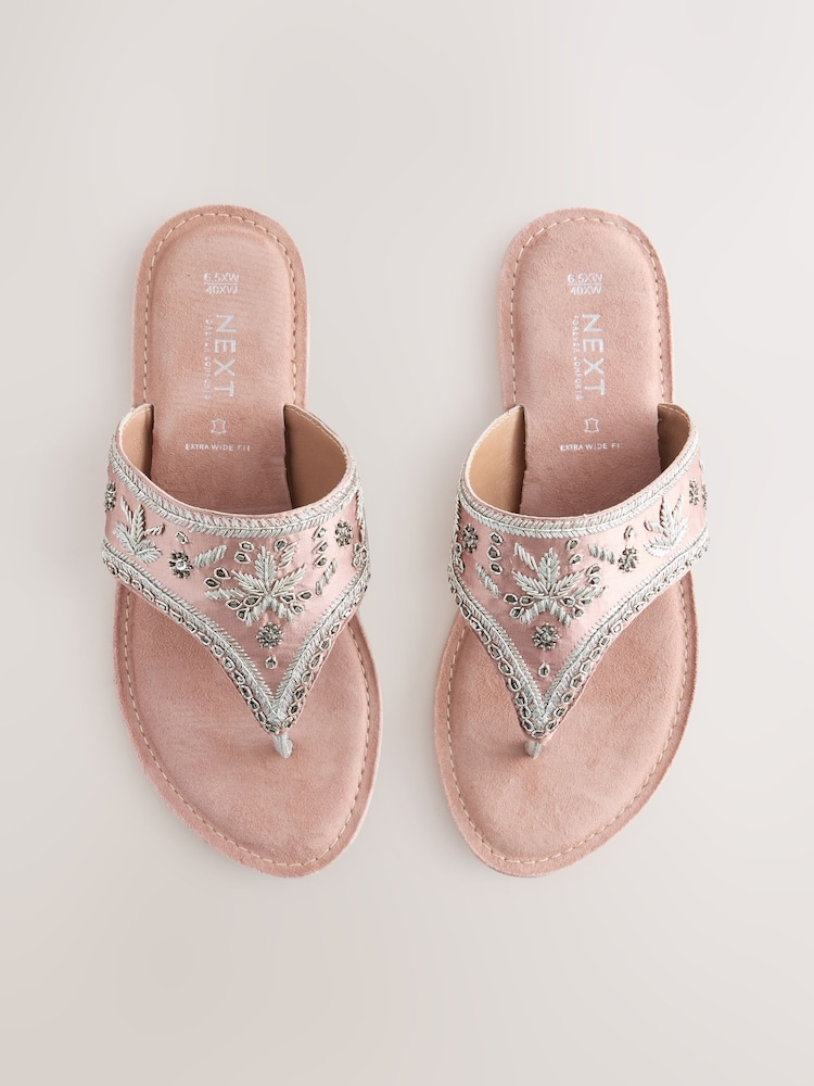 Pink Suede Extra Wide Fit Forever Comfort® Chunky Beaded Toe Thong Sandals - Image 1 of 5