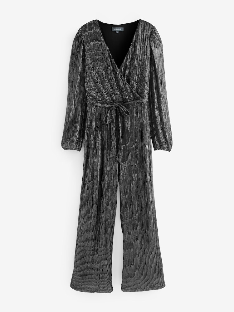 Sosandar Metallic Sparkle Plisse Wrap Front Wide Leg Jumpsuit - Image 6 of 6