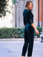 Sosandar Green Velvet Zip Detail Wrap Jumpsuit - Image 2 of 5