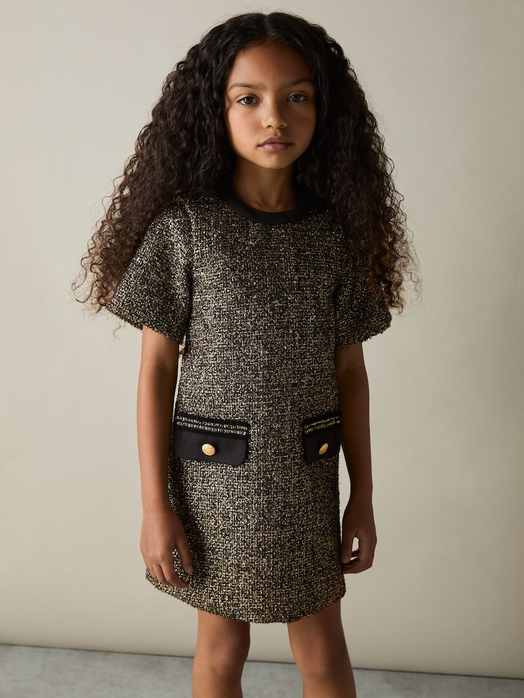 Reiss Gold Sasha 9-13 yrs Tweed Metallic-Thread Shift Dress - Image 1 of 4