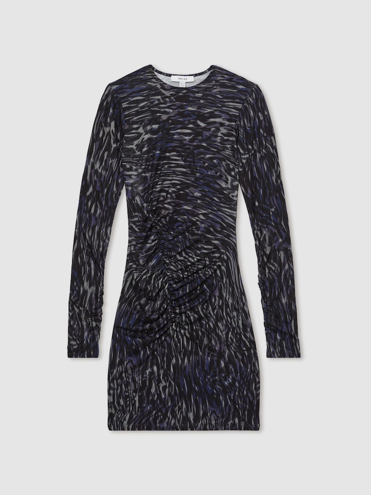 Reiss Charcoal Oe Allie Printed Jersey Ruched Mini Dress - Image 2 of 6