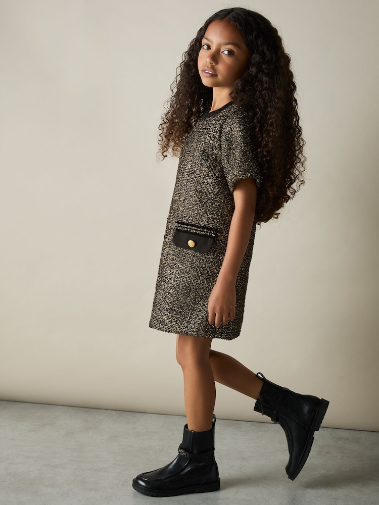 Reiss Gold Sasha 13-14 yrs Tweed Metallic-Thread Shift Dress - Image 2 of 4