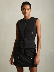 Reiss Black Mio Quilted Zip-Through Belted Vest - Image 1 of 6