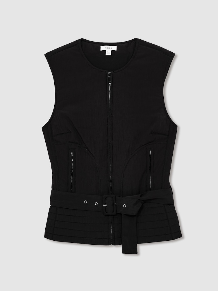 Reiss Black Mio Quilted Zip-Through Belted Vest - Image 2 of 6