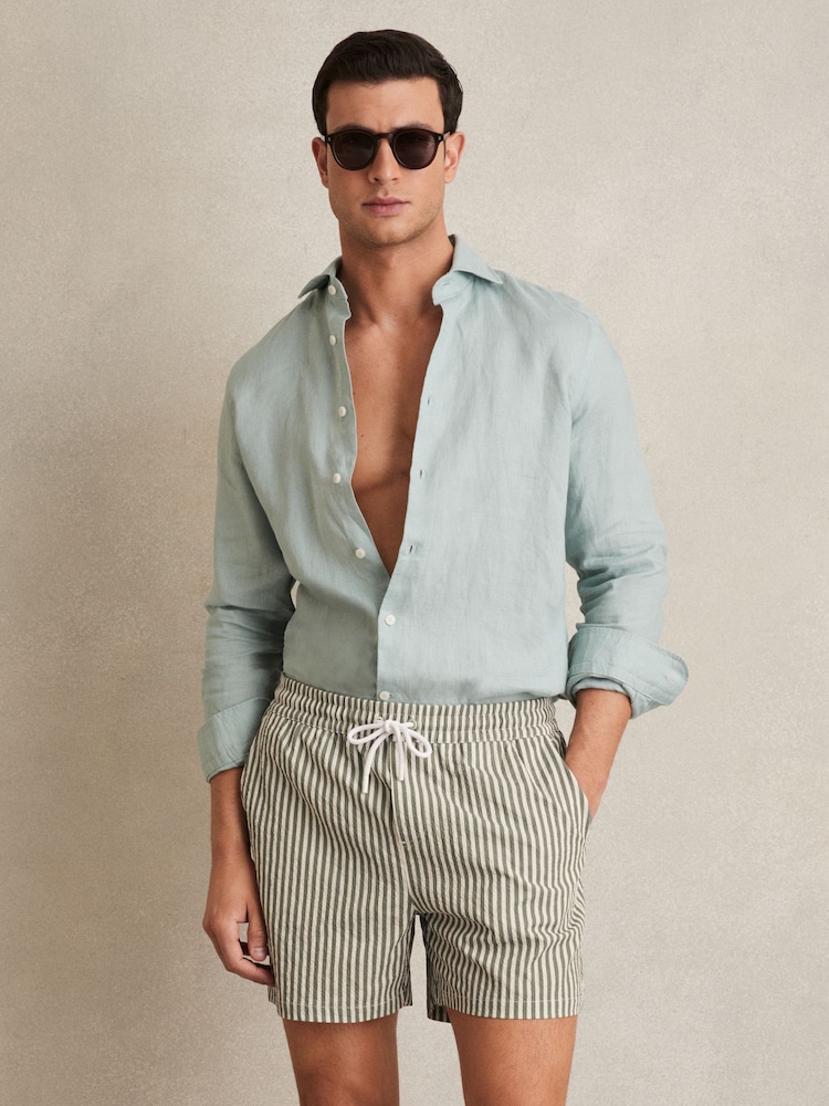 Reiss Sage/White Bay Seersucker Stripe Swim Shorts - Image 3 of 6