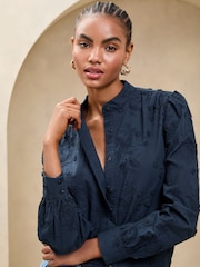 Lipsy Navy Long Sleeve Grandad 3D Floral Blouse - Image 1 of 4