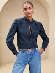 Lipsy Navy Long Sleeve Grandad 3D Floral Blouse - Image 4 of 4