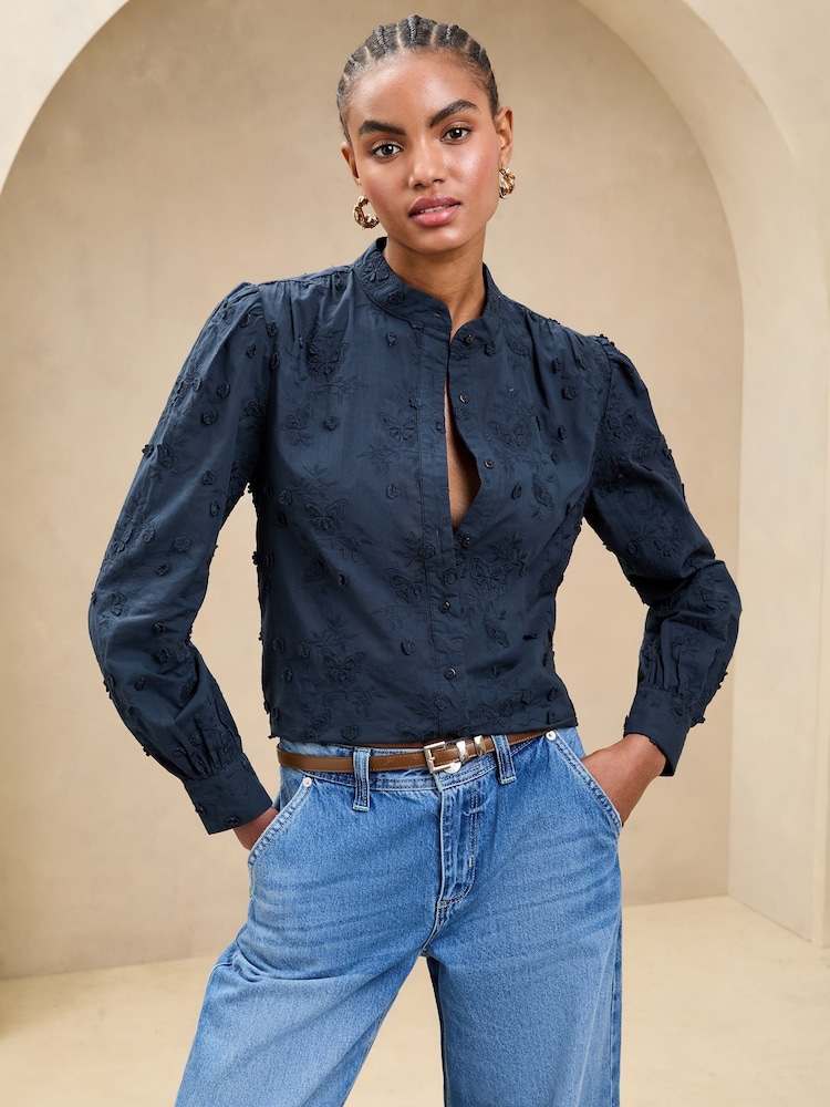Lipsy Navy Long Sleeve Grandad 3D Floral Blouse - Image 4 of 4