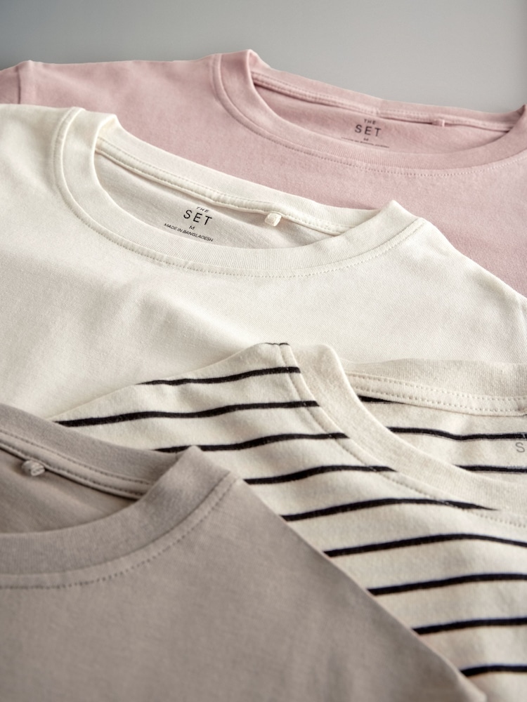 The Set Rose Pink/Neutral Stripe/Cream/Taupe Brown 4 Pack 100% Cotton Short Sleeved Relaxed T-Shirts - Image 6 of 7