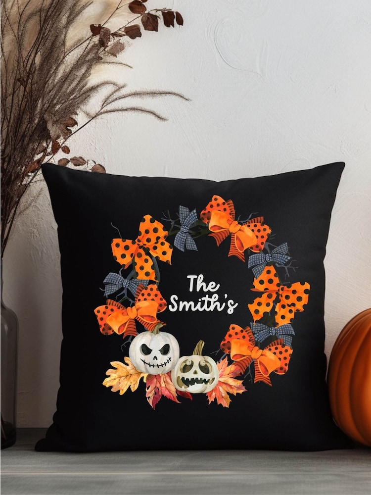 Personalised Halloween Pumpkin Bow 100% Cotton Cushion by Koko Blossom - Image 1 of 4