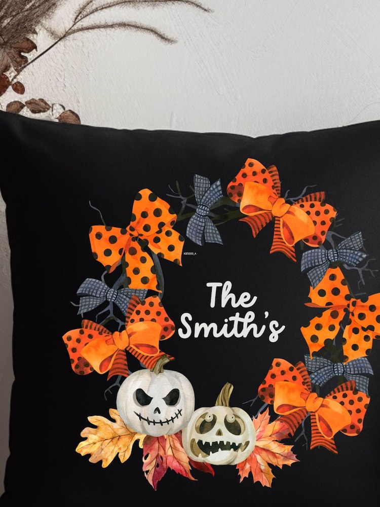 Personalised Halloween Pumpkin Bow 100% Cotton Cushion by Koko Blossom - Image 2 of 4