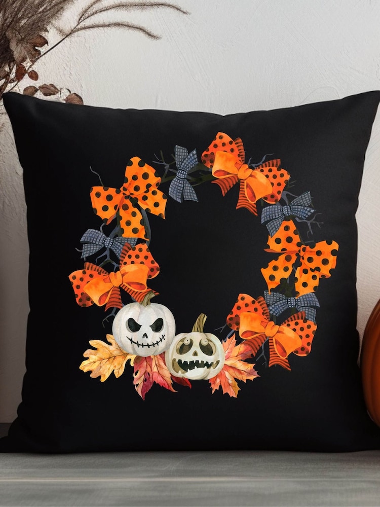 Personalised Halloween Pumpkin Bow 100% Cotton Cushion by Koko Blossom - Image 4 of 4