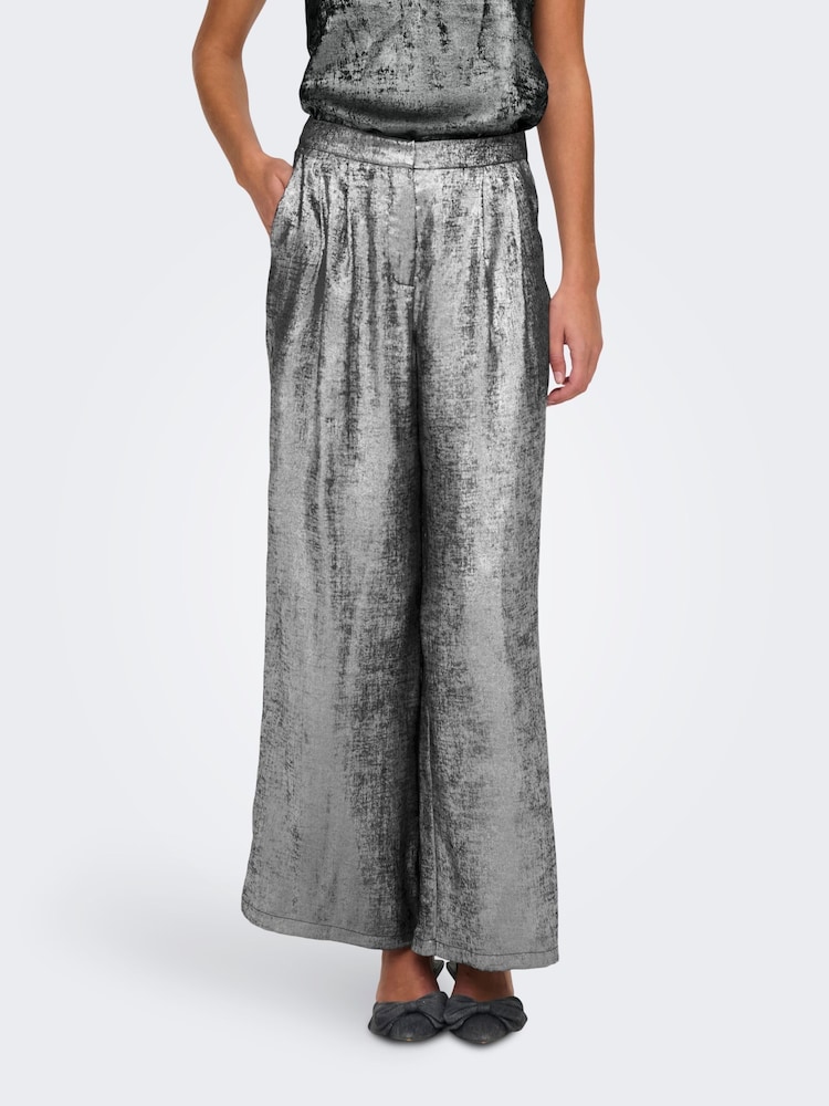ONLY Grey Metallic Wide Leg Pleated Trousers - Image 1 of 8