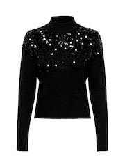ONLY Black Long Sleeve High Neck Sequin Knitted Jumper - Image 3 of 4