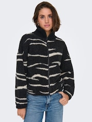 ONLY Black Zebra Animal Print Zip Up Teddy Fleece - Image 2 of 7
