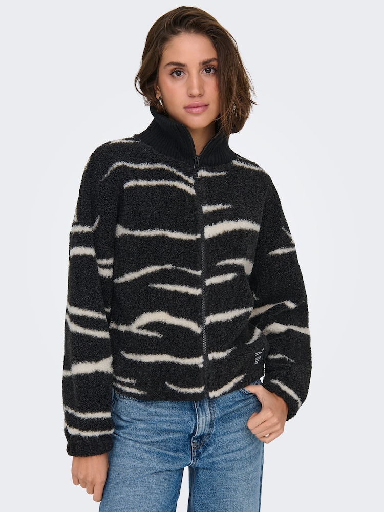 ONLY Black Zebra Animal Print Zip Up Teddy Fleece - Image 2 of 7