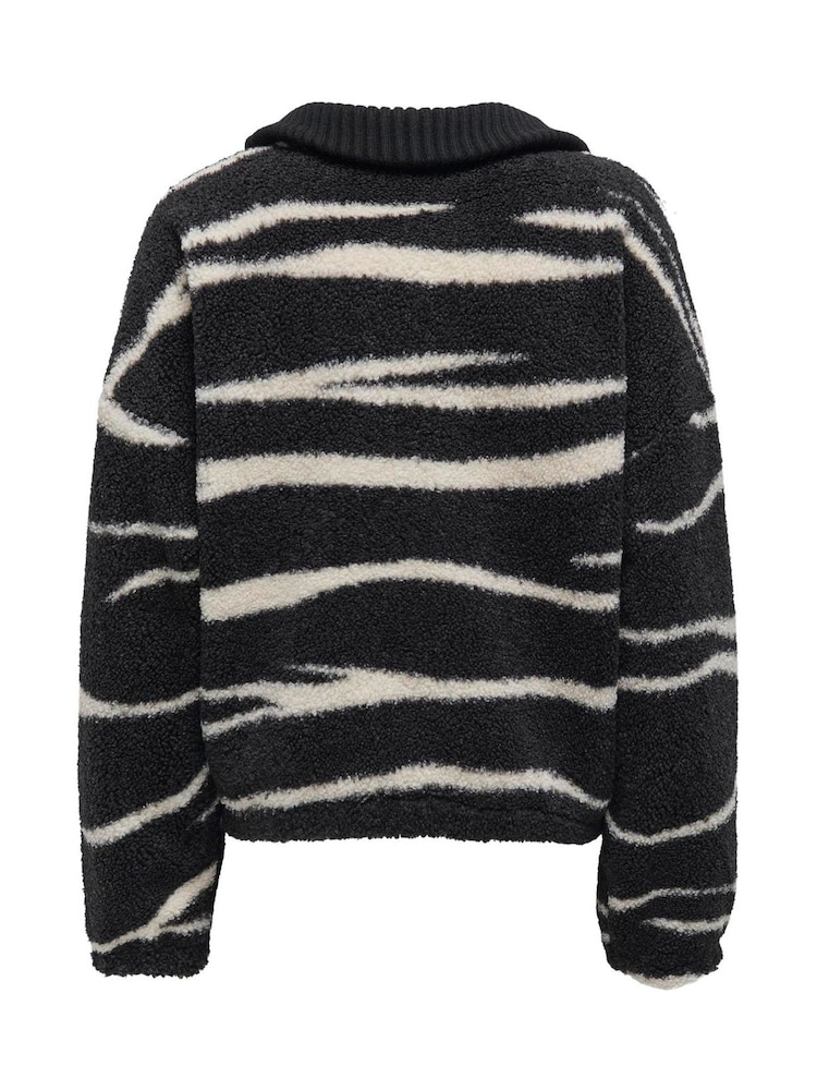 ONLY Black Zebra Animal Print Zip Up Teddy Fleece - Image 7 of 7