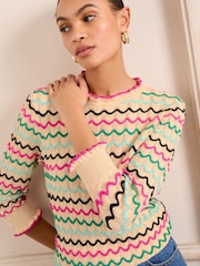 Love & Roses Multi Chevron Stripe Frill Neck Knit Jumper - Image 1 of 4