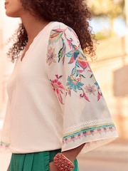 Love & Roses Stone Kimono Floral Woven Sleeve Knit Jumper - Image 2 of 4