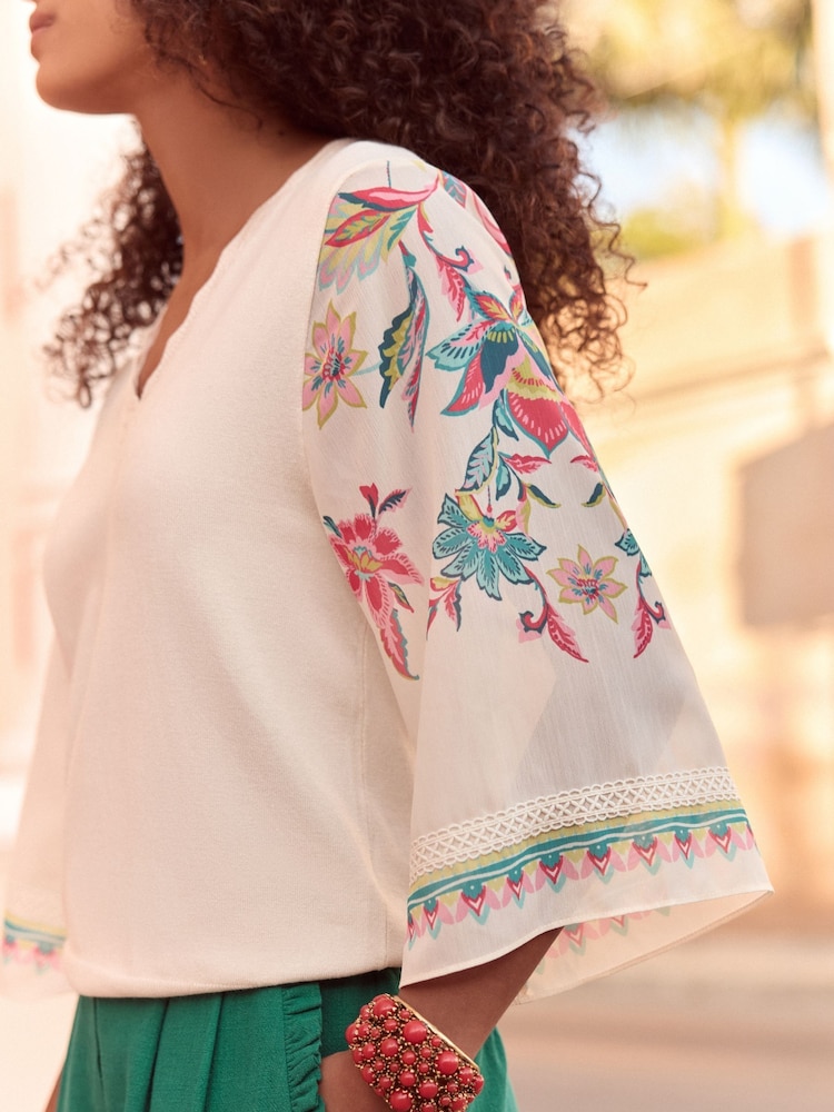Love & Roses Stone Kimono Floral Woven Sleeve Knit Jumper - Image 2 of 4