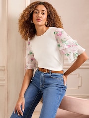 Love & Roses Ivory Fine Gauge Woven Frill Sleeve Knitted Top - Image 1 of 5