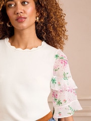 Love & Roses Ivory Fine Gauge Woven Frill Sleeve Knitted Top - Image 2 of 5