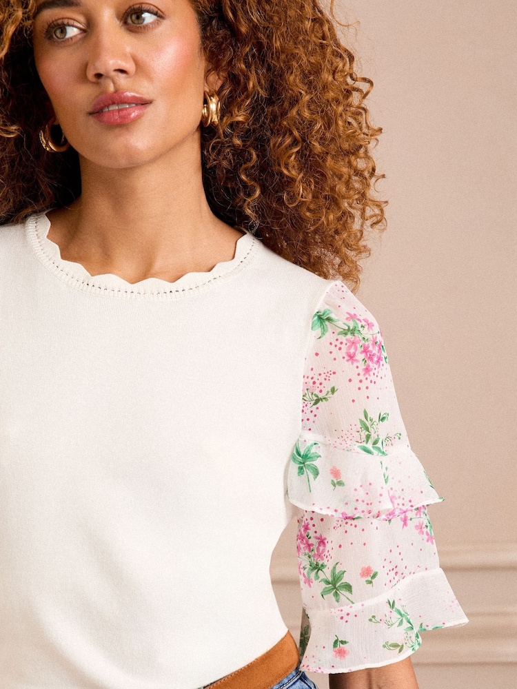 Love & Roses Ivory Fine Gauge Woven Frill Sleeve Knitted Top - Image 2 of 5 Love & Roses Ivory Fine Gauge Woven Frill Sleeve Knitted Top - Image 2 of 5