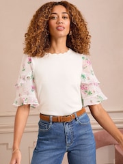 Love & Roses Ivory Fine Gauge Woven Frill Sleeve Knitted Top - Image 3 of 5